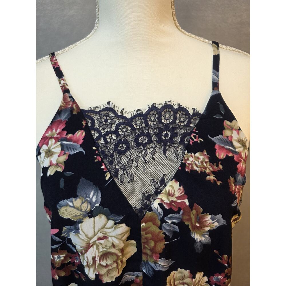 Loveriche Floral Slip Dress S Navy Lace Trim Y2K Spaghetti Strap Mini NWT